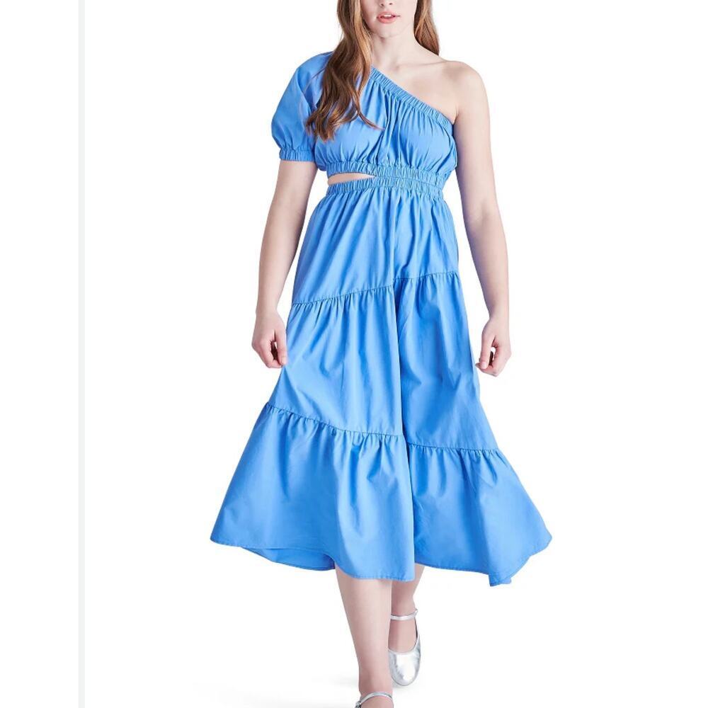 Steve Madden Lena One Shoulder Maxi Dress Bright Blue Cutout Tiered Summer Dress